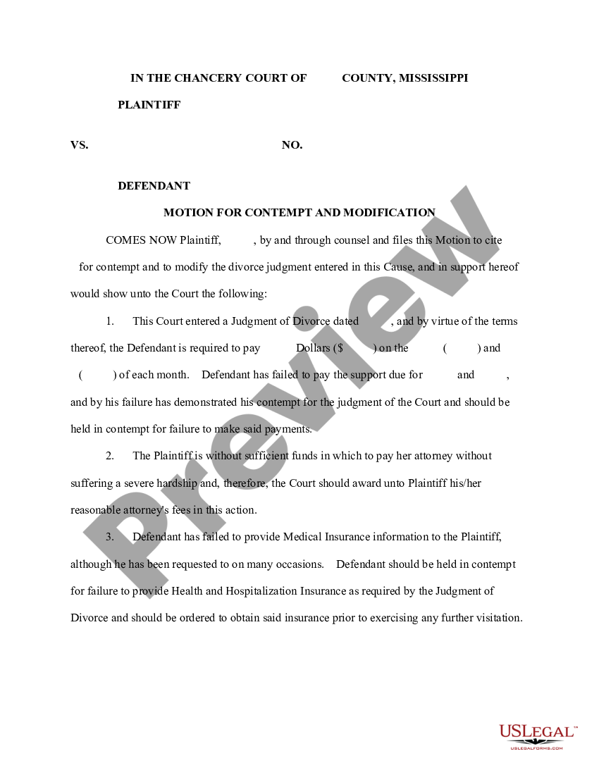 Mississippi Motion for Contempt and Modification Visitation Child