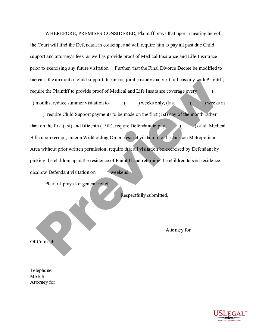 Mississippi Motion for Contempt and Modification Visitation Child