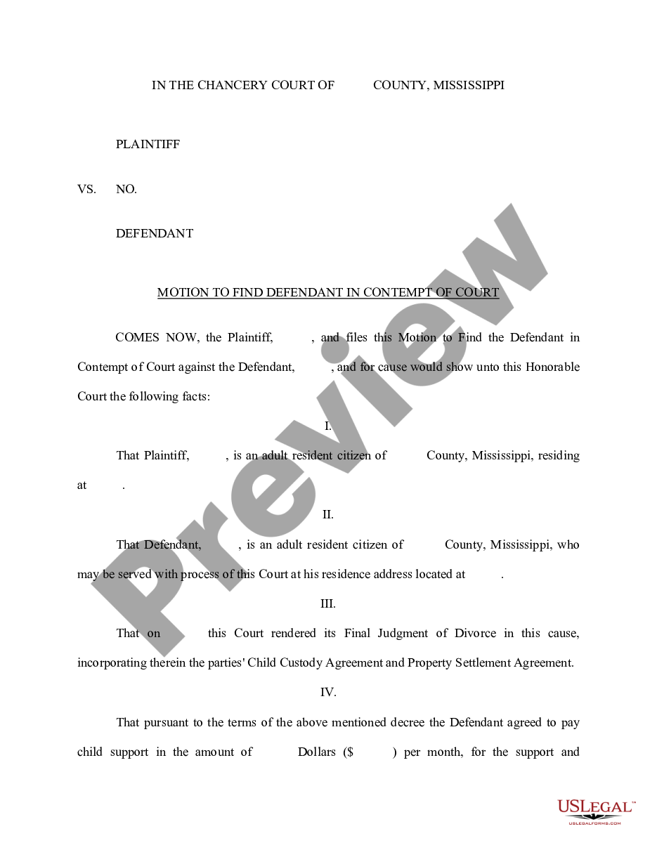 page 0 Motion to Find Defendant in Contempt of Court preview