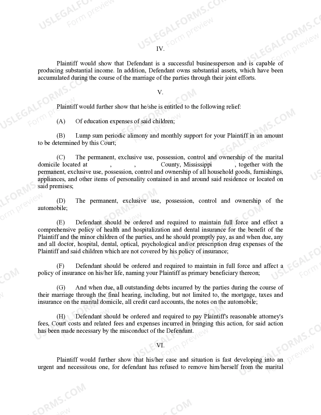 Preview Complaint for Divorce