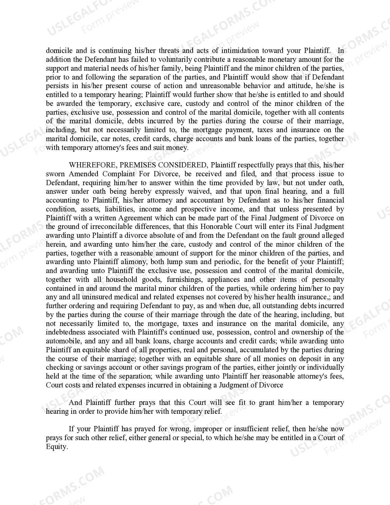 Preview Complaint for Divorce