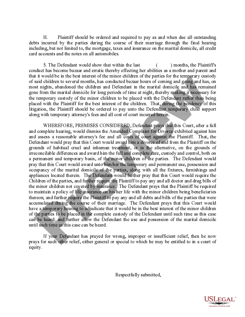 Get Answer to Amended Complaint for Divorce, CounterClaim and Affirmative Matters Preview Answer to Amended Complaint for Divorce, CounterClaim and Affirmative Matters