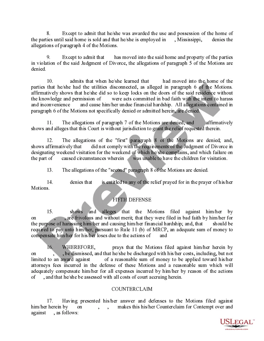 Get Answer to Motion for Modification and to Cite Respondent for Contempt and Counterclaim for Citation for Contempt Preview Answer to Motion for Modification and to Cite Respondent for Contempt and Counterclaim for Citation for Contempt