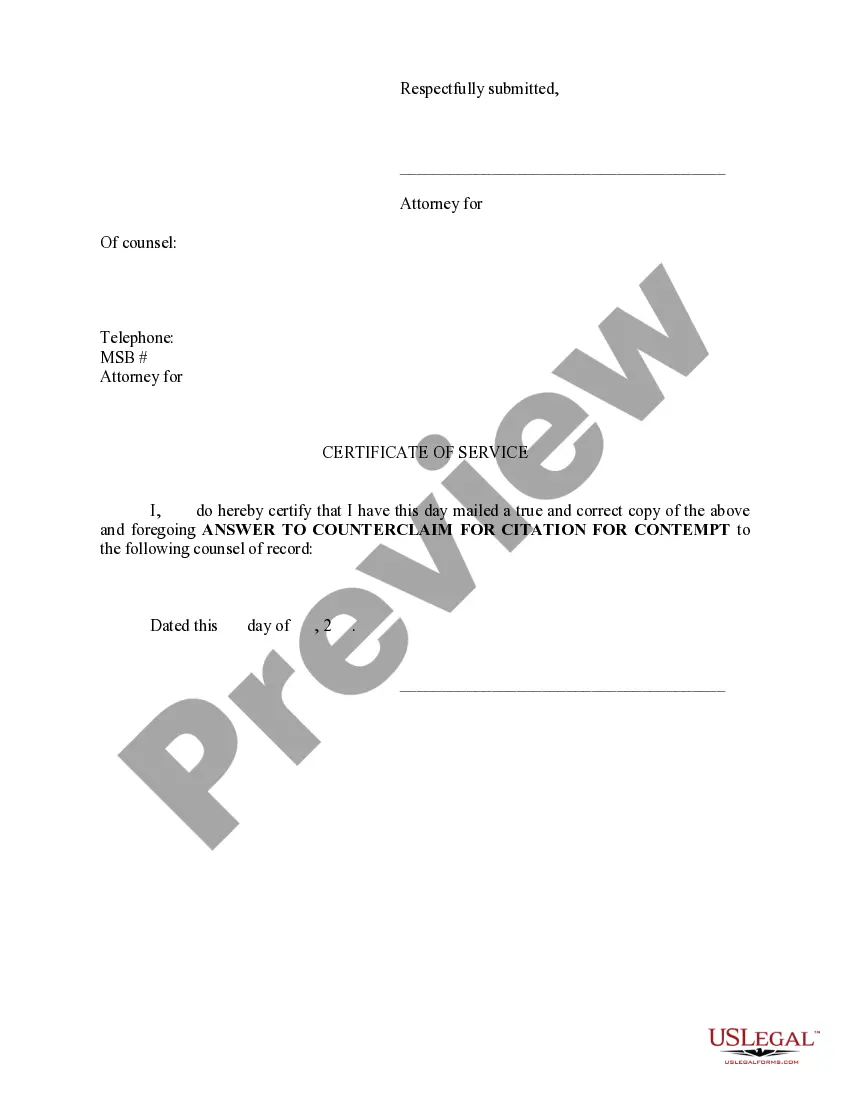 Preview Answer to Counterclaim for Citation for Contempt