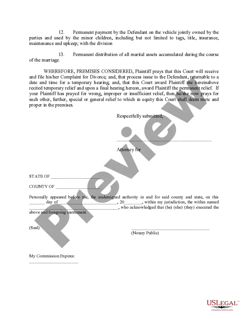 Preview Complaint for Divorce