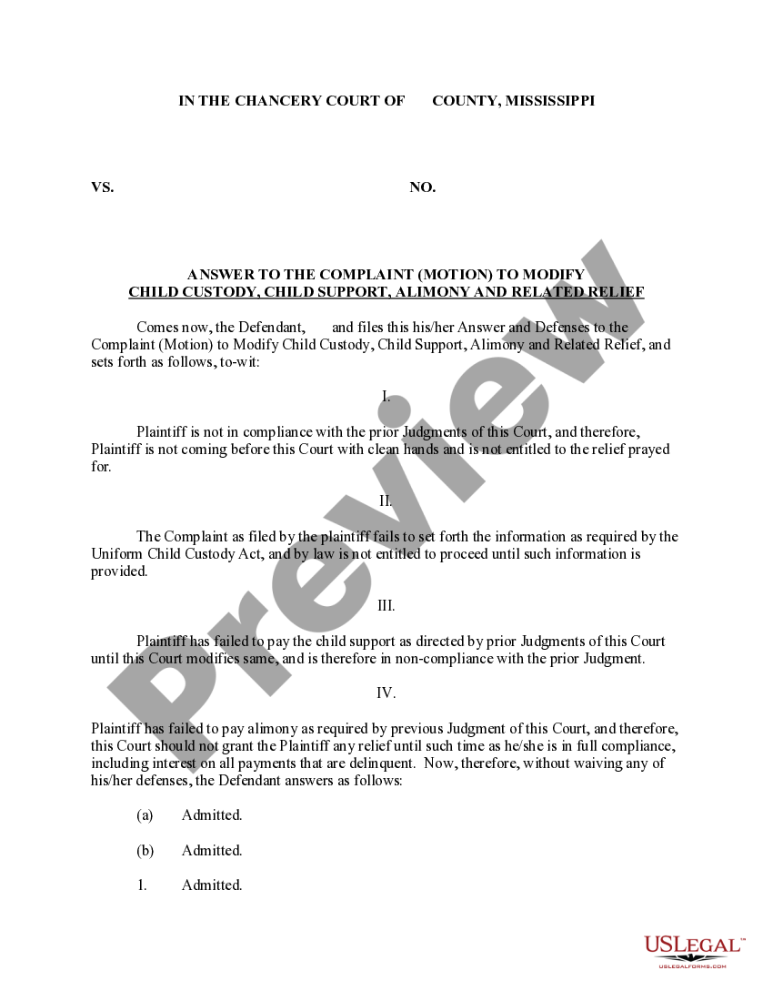 Mississippi Answer To The Complaint Motion To Modify Child Custody