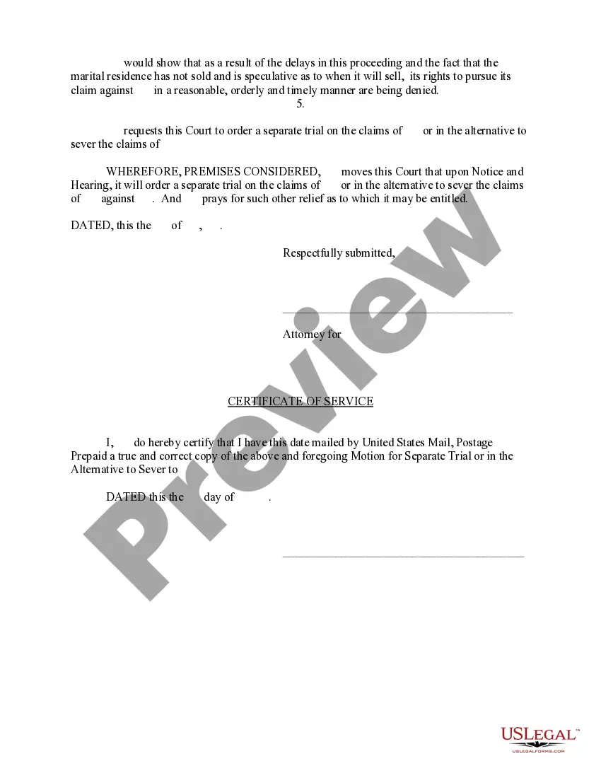 Preview Motion for Separate Trial or in the Alternative to Sever