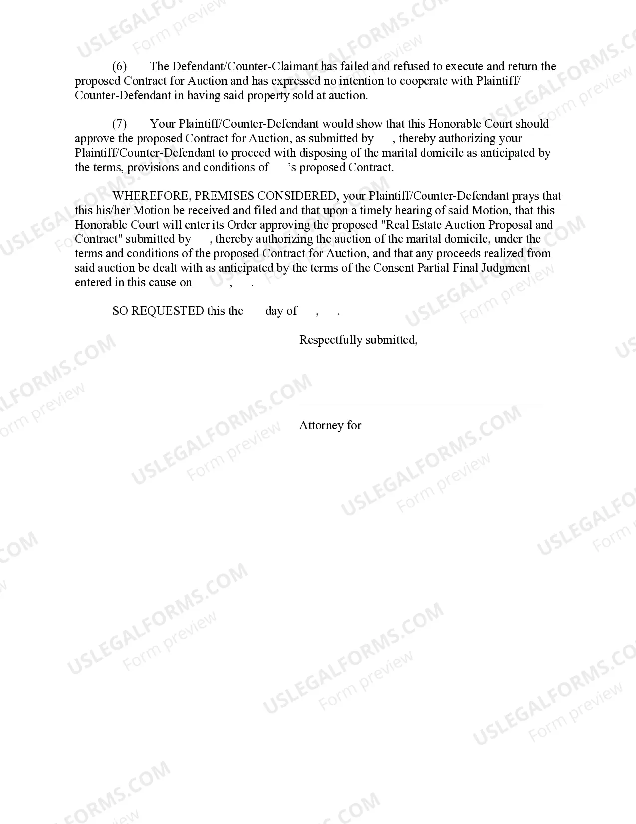 Preview Motion to Sell Marital Domicile at Auction