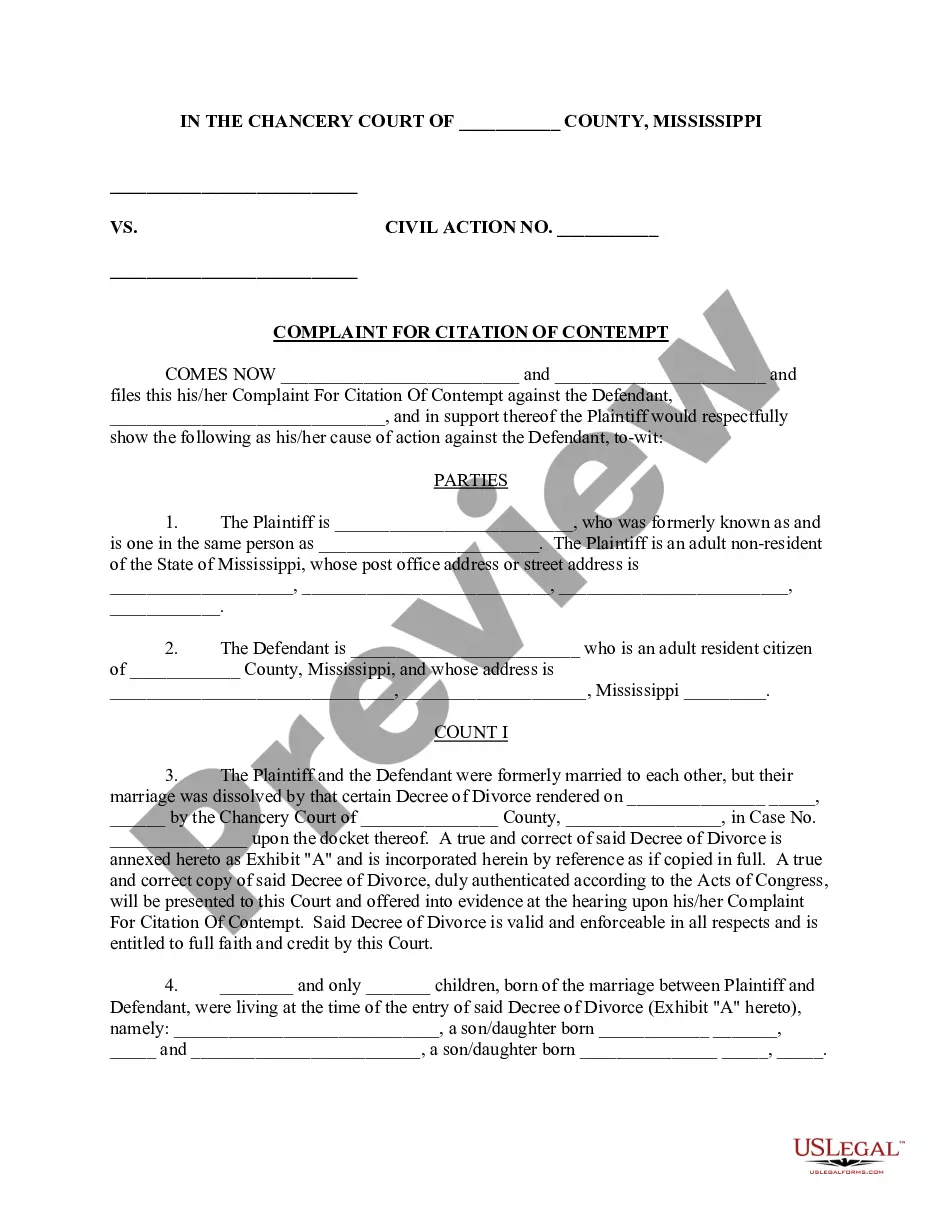 Mississippi Complaint for Citation of Contempt Ms Contempt File US