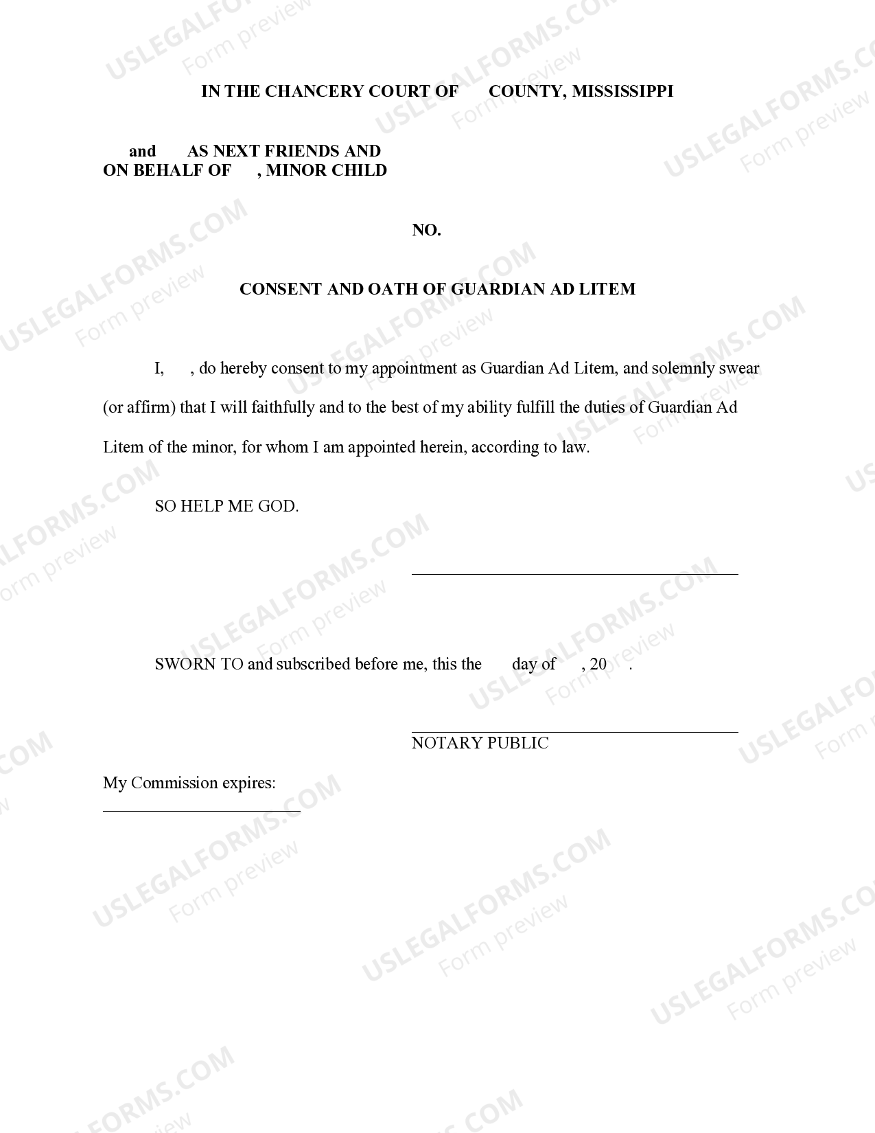 Mississippi Consent and Oath of Guardian Ad Litem US Legal Forms