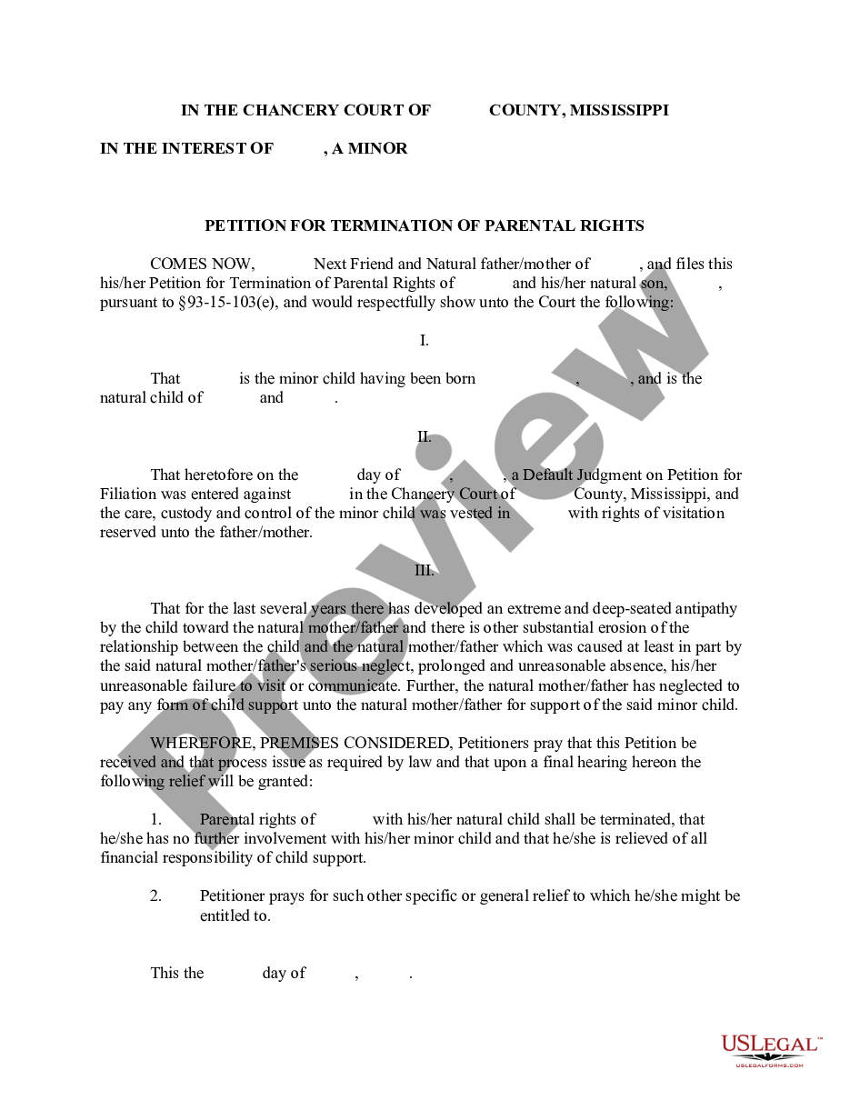 Mississippi Petition for Termination of Parental Rights Printable