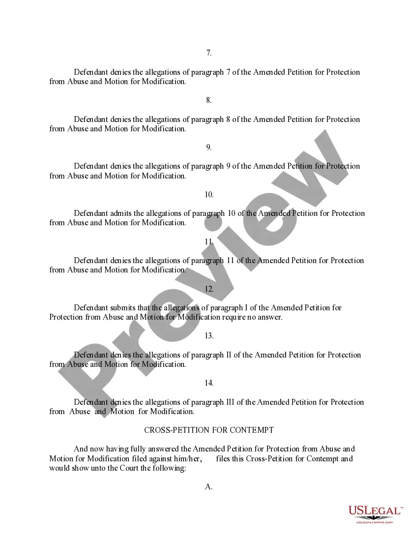 Preview Answer to Amended Petition for Protection from Abuse and Motion for Modification and Cross Petition for Contempt