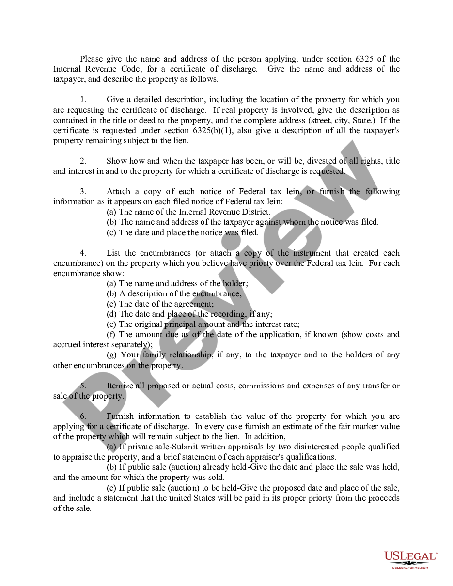 page 0 Application for Certificate of Discharge of IRS Lien preview