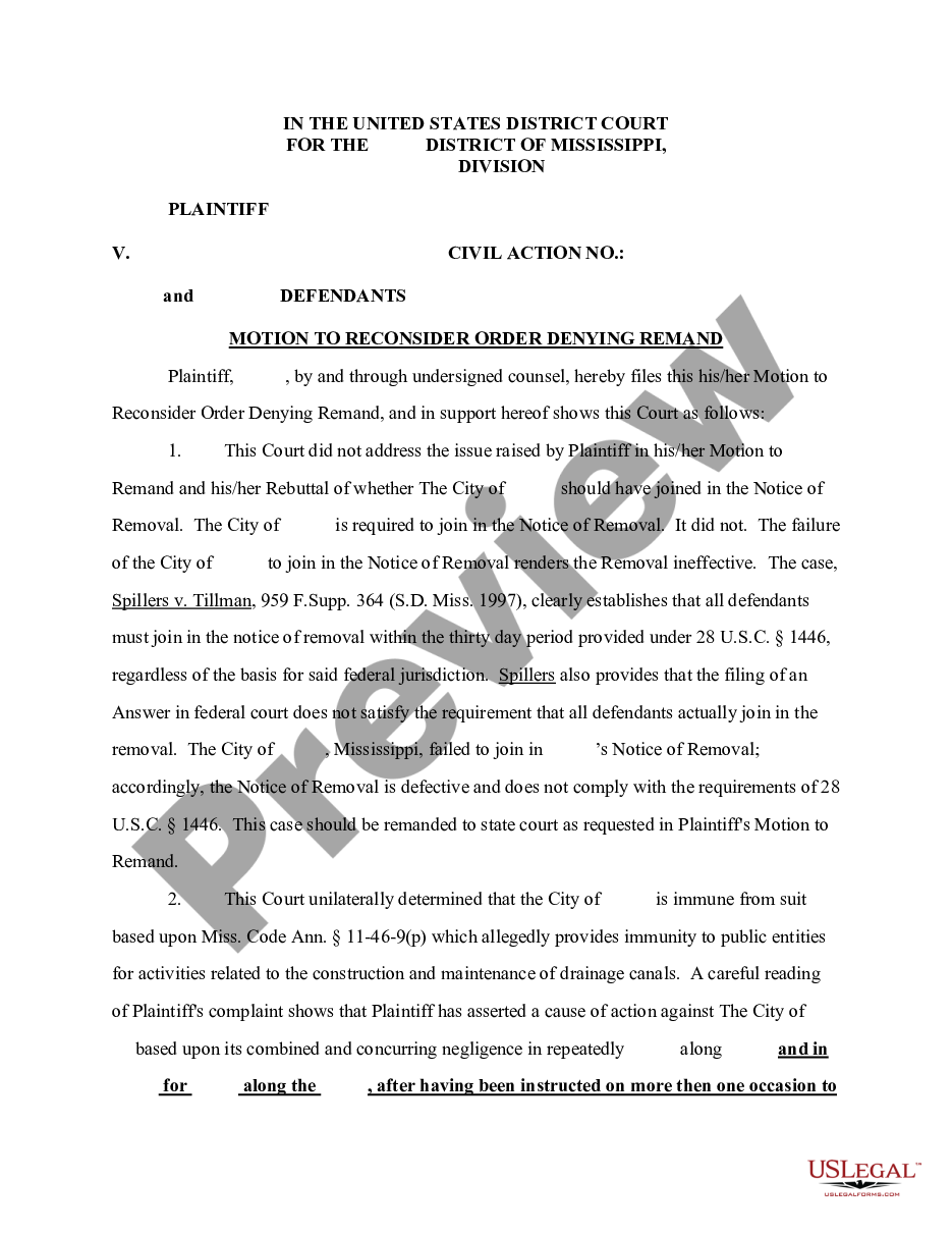 Mississippi Motion to Reconsider Order Denying Remand | US Legal Forms