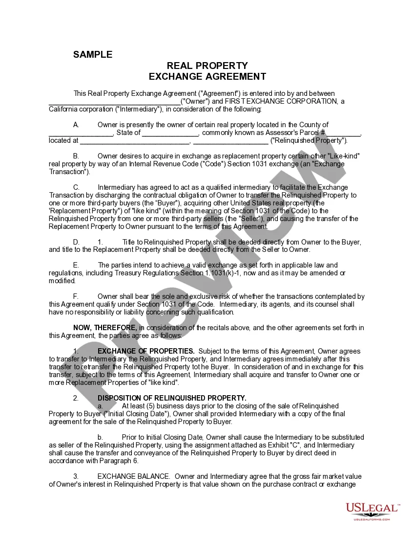 Preview Sample Real Property Exchange Agreement
