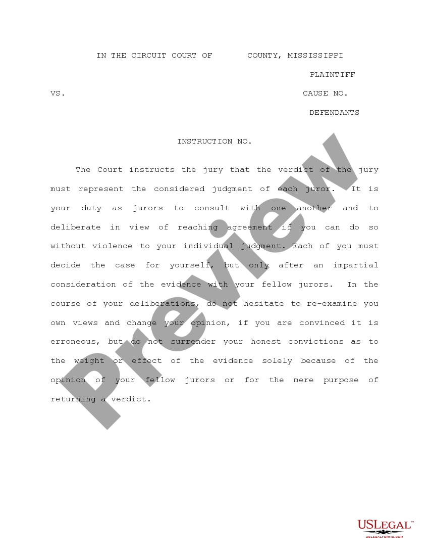Mississippi Jury Instruction Verdict Impartial Consideration US
