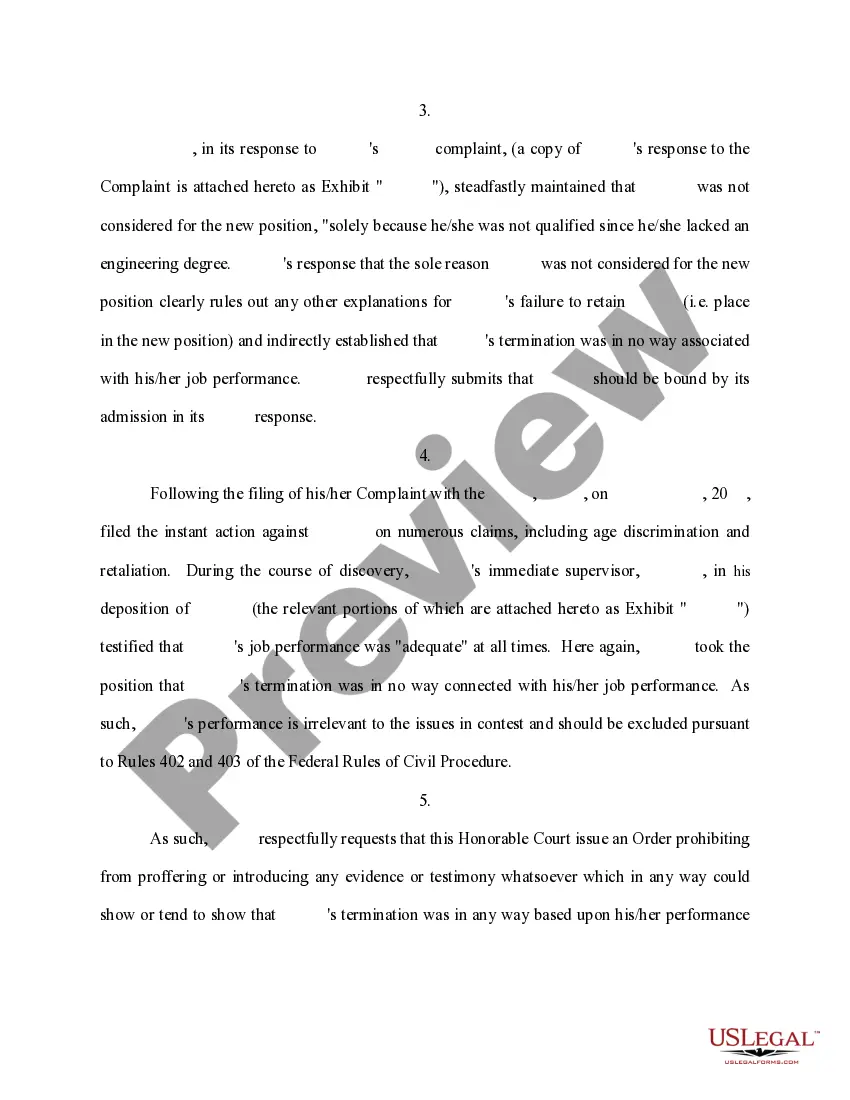 Preview Motion in Limine to Prohibit Evidence on the Issue of Performance, Productivity and or Efficiency