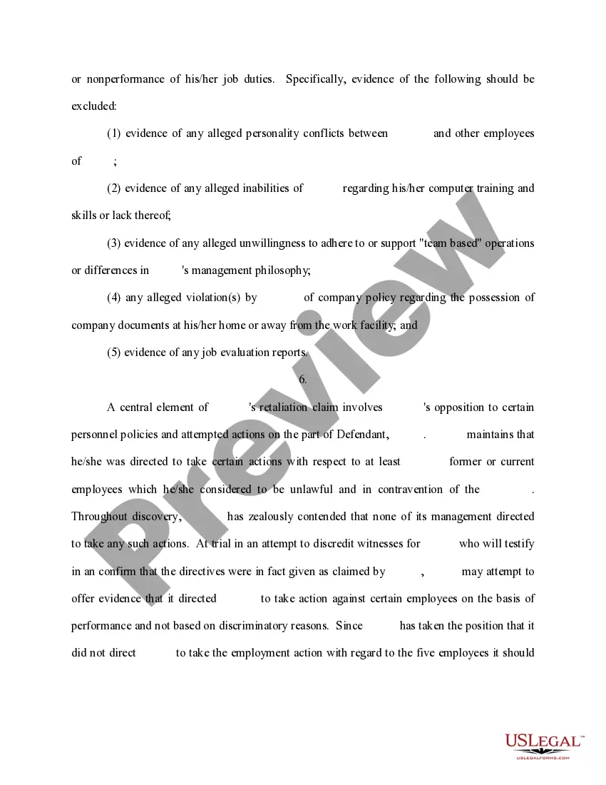 Preview Motion in Limine to Prohibit Evidence on the Issue of Performance, Productivity and or Efficiency