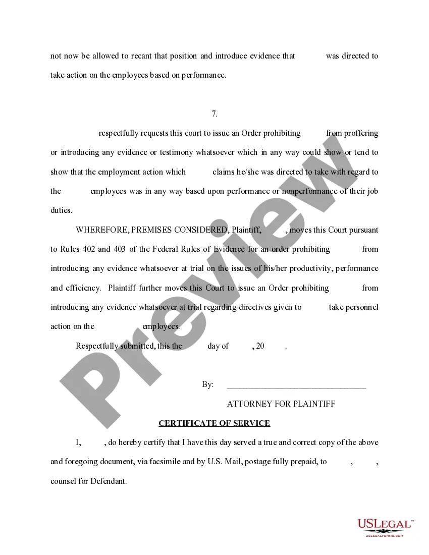 Preview Motion in Limine to Prohibit Evidence on the Issue of Performance, Productivity and or Efficiency