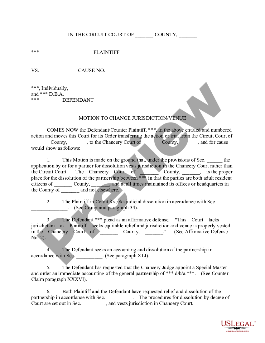 Mississippi Motion to Change Jurisdiction Venue Motion To Change