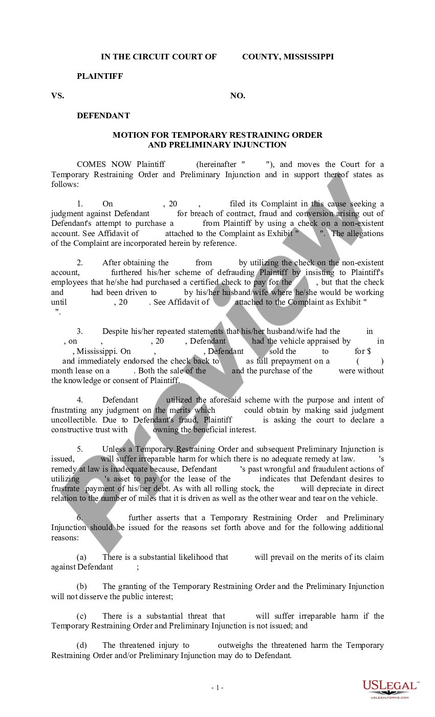 Mississippi Motion To Temporary Restraining Order And Preliminary Injunction Restraining Order 3415