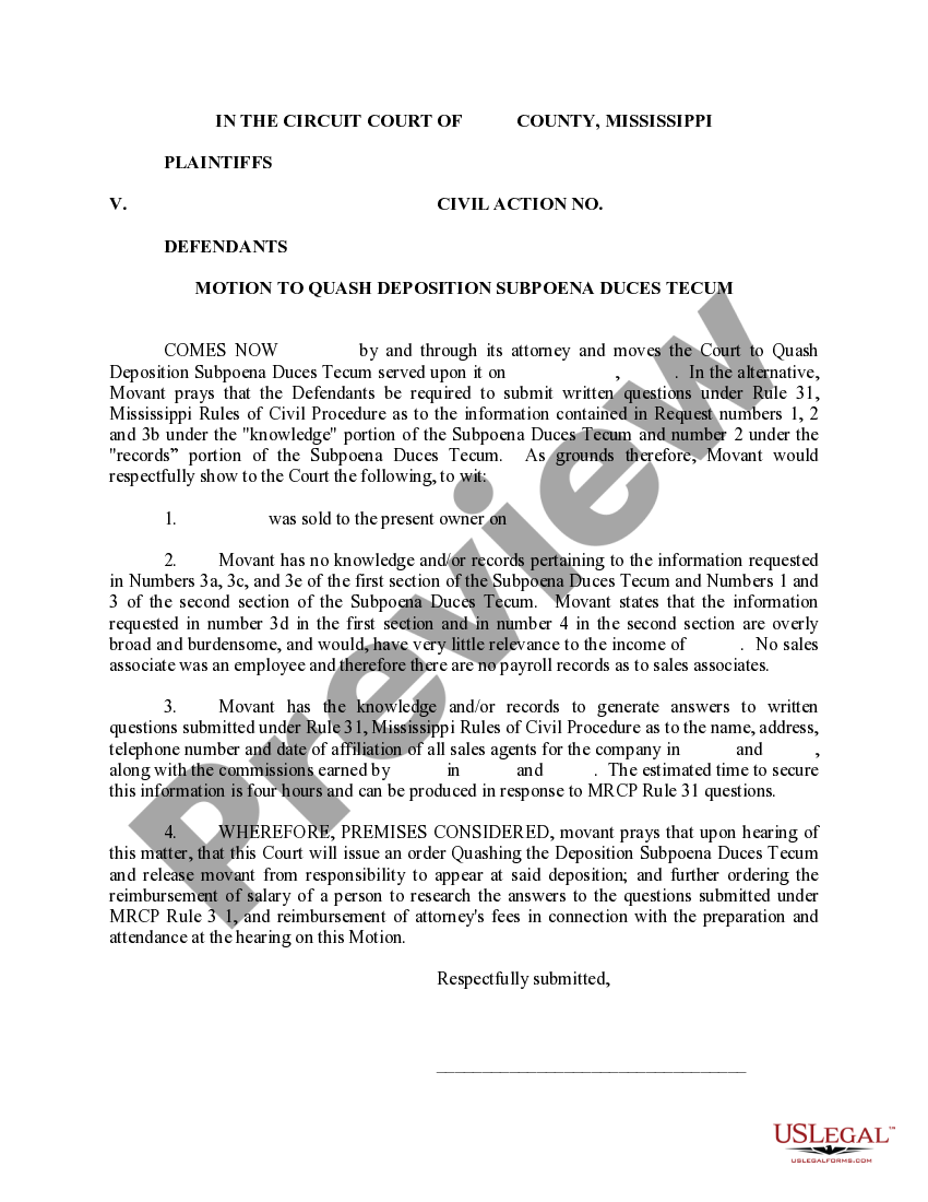 Mississippi Motion To Quash Deposition Subpoena Duces Tecum mississippi-motion-to-quash-deposition-subpoena-duces-tecum