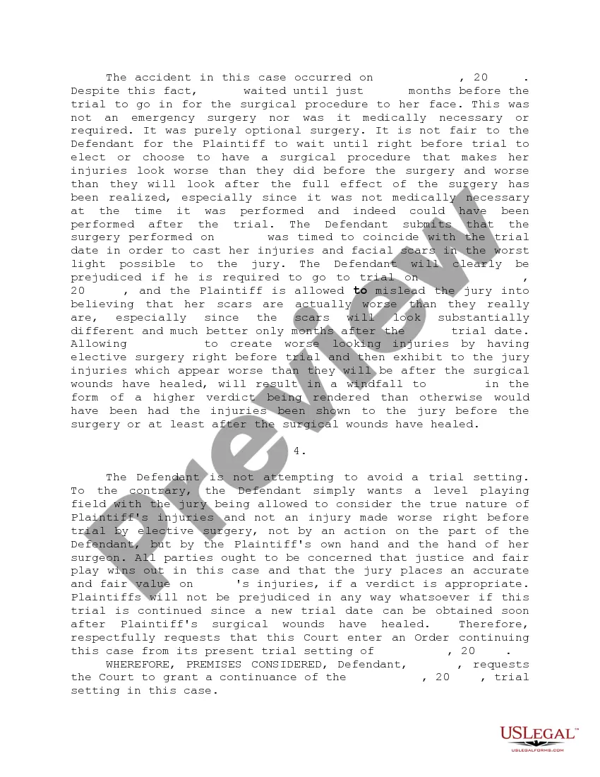Get Motion for Trial Continuance Preview Motion for Trial Continuance