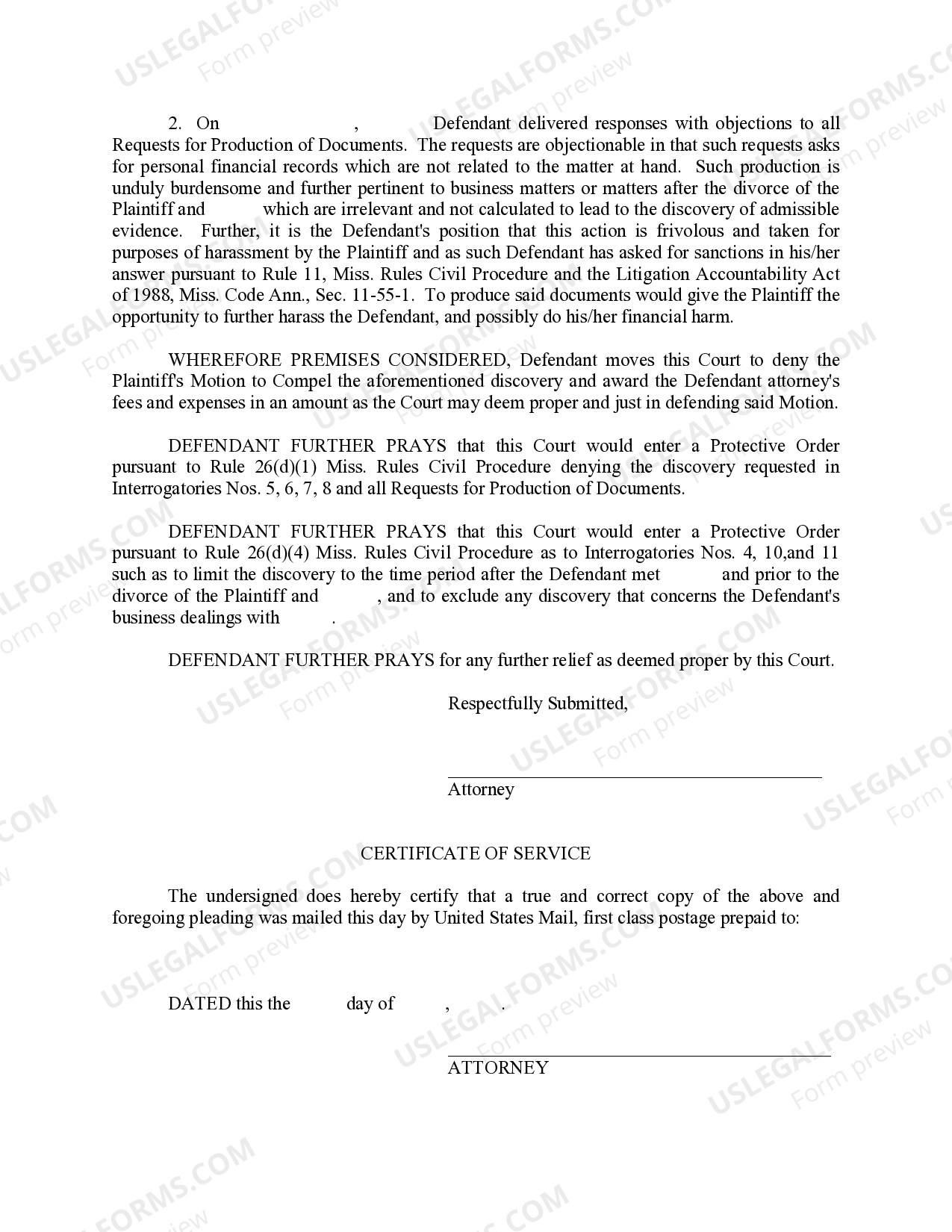 Mississippi Defendant's Motion for Protective Order and Response to