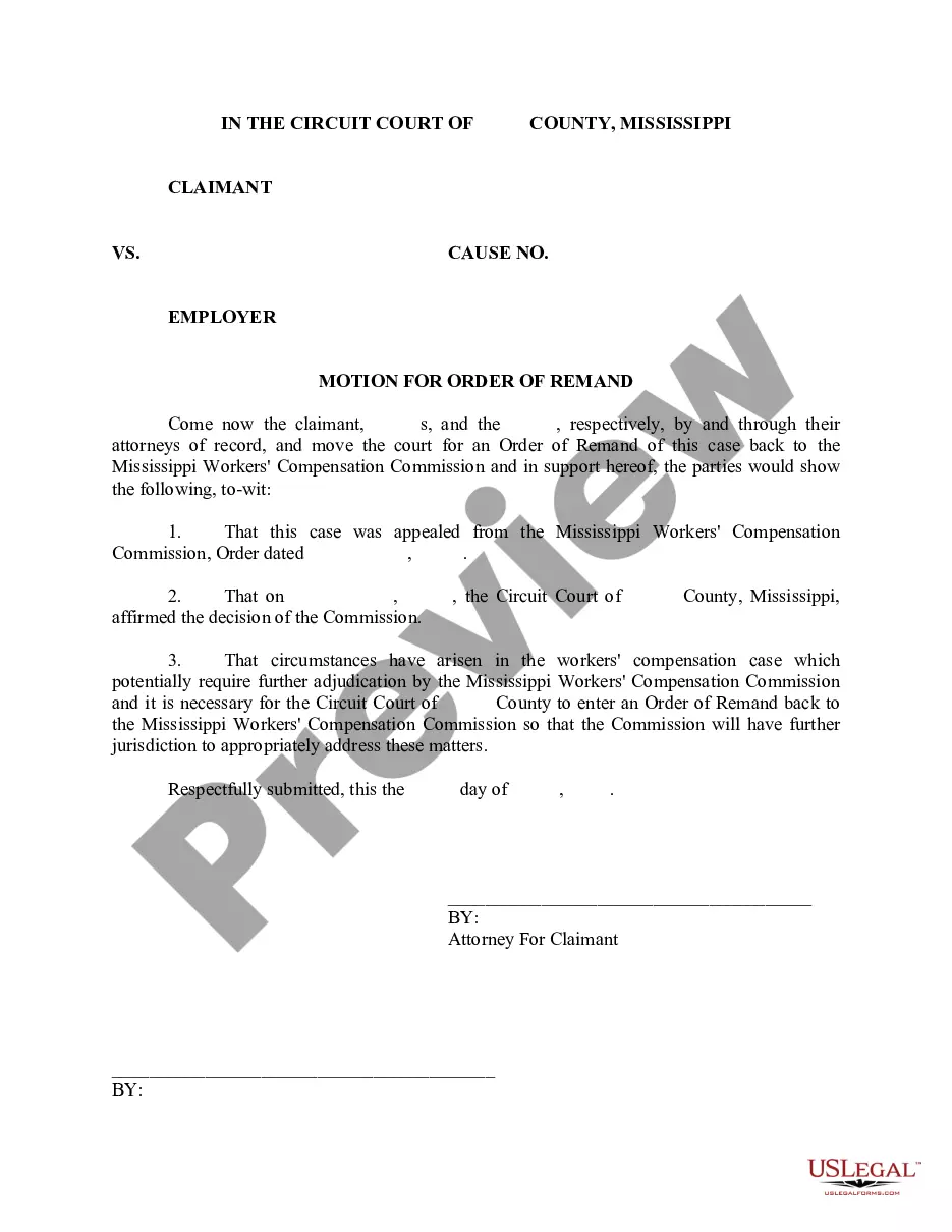 Mississippi Motion for Order of Remand Remand Form US Legal Forms