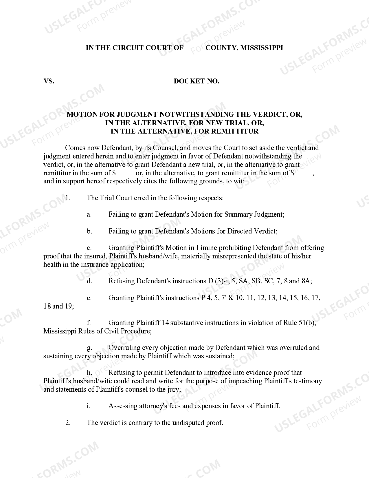 Mississippi Motion for Judgment notwithstanding the Verdict, or, in the