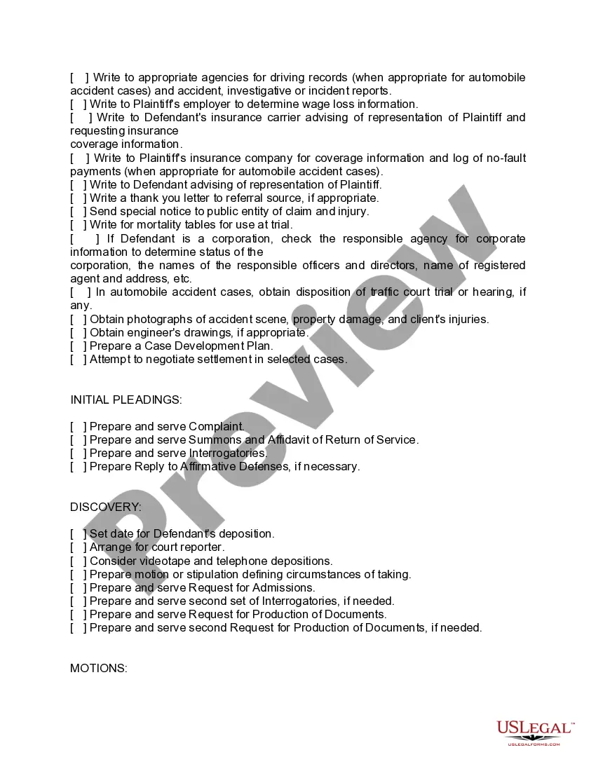 Preview Checklist of Sequential Activities to Organize Plaintiff Action - Client Intake