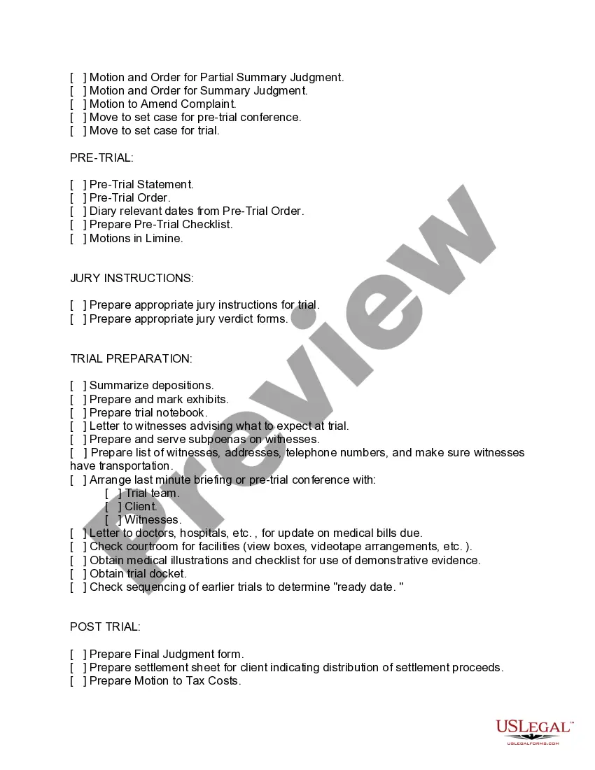 Preview Checklist of Sequential Activities to Organize Plaintiff Action - Client Intake