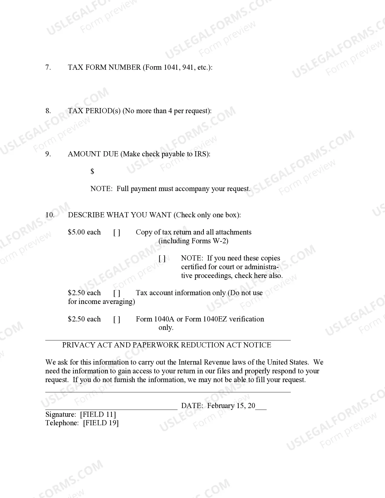 Preview Request for Copy of Tax Form or Individual Income Tax Account Information