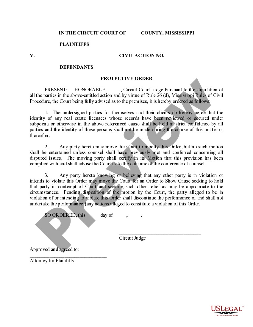 Mississippi Protective Order Protective Order US Legal Forms