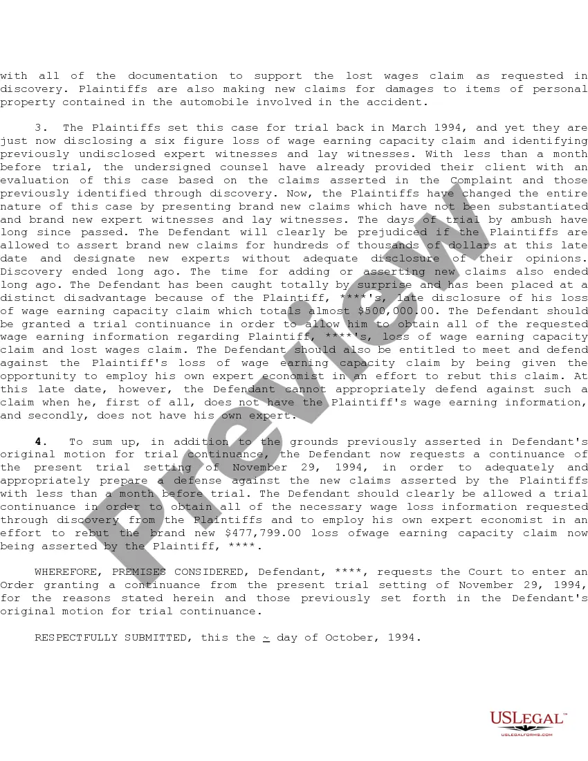 Get Supplemental Motion for Trial Continuance Preview Supplemental Motion for Trial Continuance