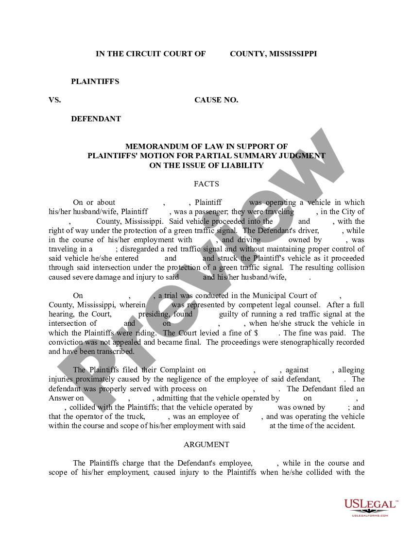 Mississippi Memorandum of Law in Support of Motion for Partial Summary ...