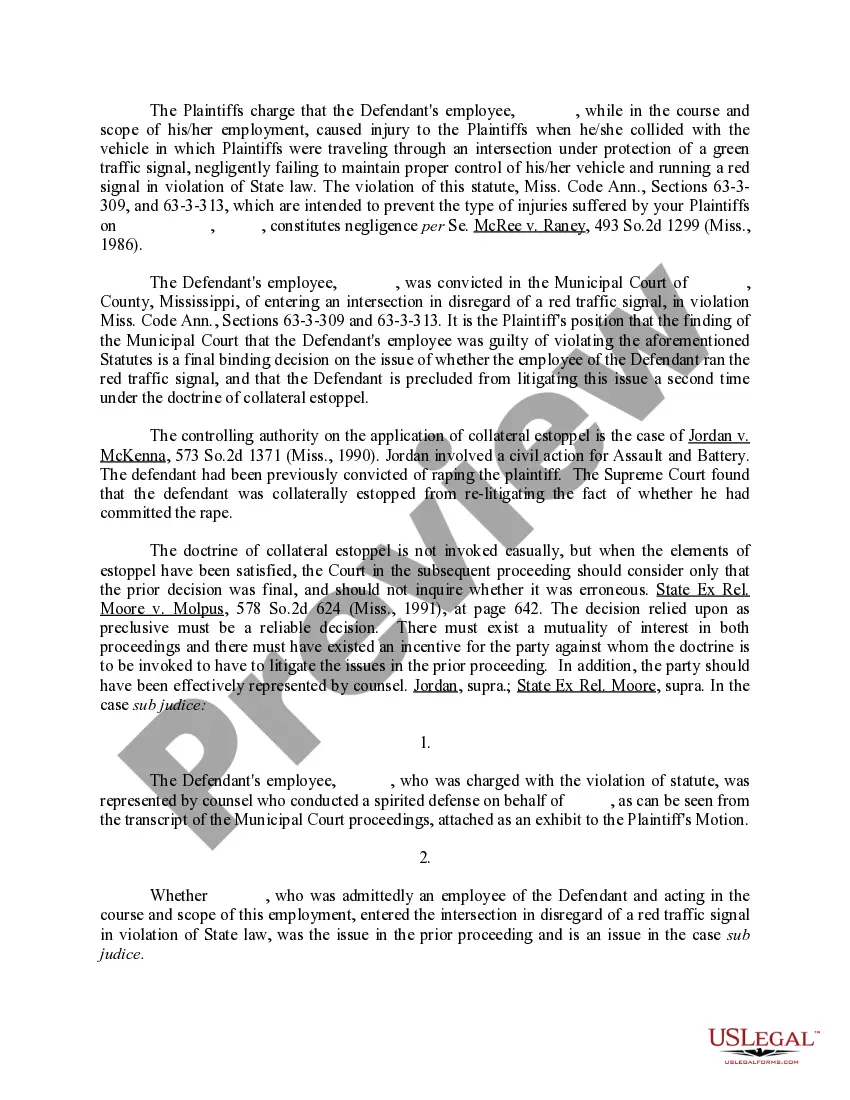 Preview Memorandum of Law in Support of Motion for Partial Summary Judgment on the Issue of Liability