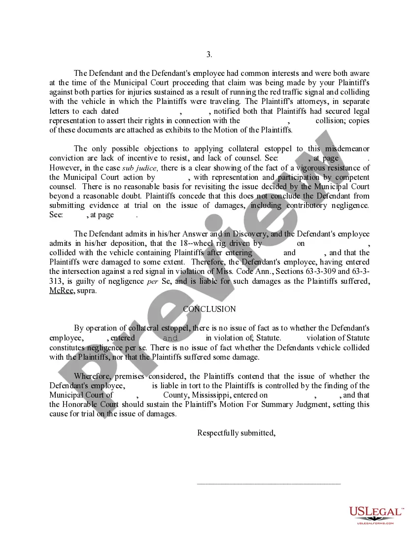 Preview Memorandum of Law in Support of Motion for Partial Summary Judgment on the Issue of Liability