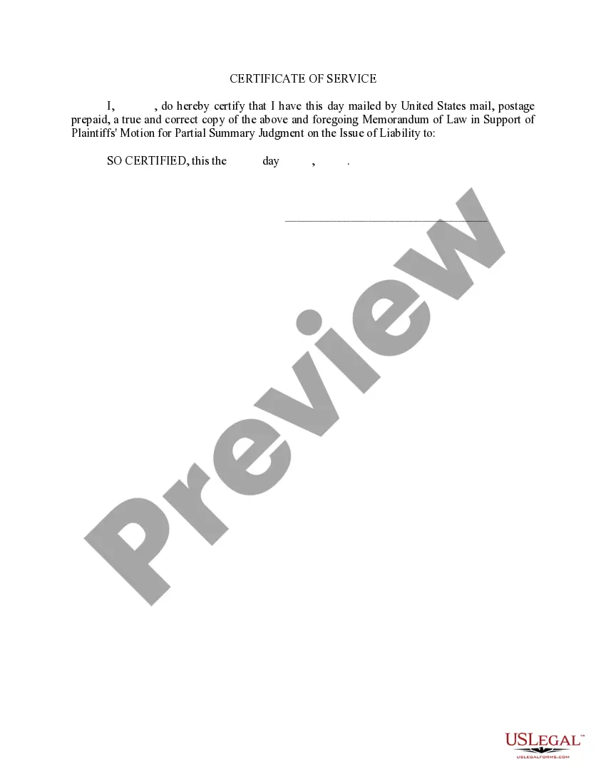 Preview Memorandum of Law in Support of Motion for Partial Summary Judgment on the Issue of Liability