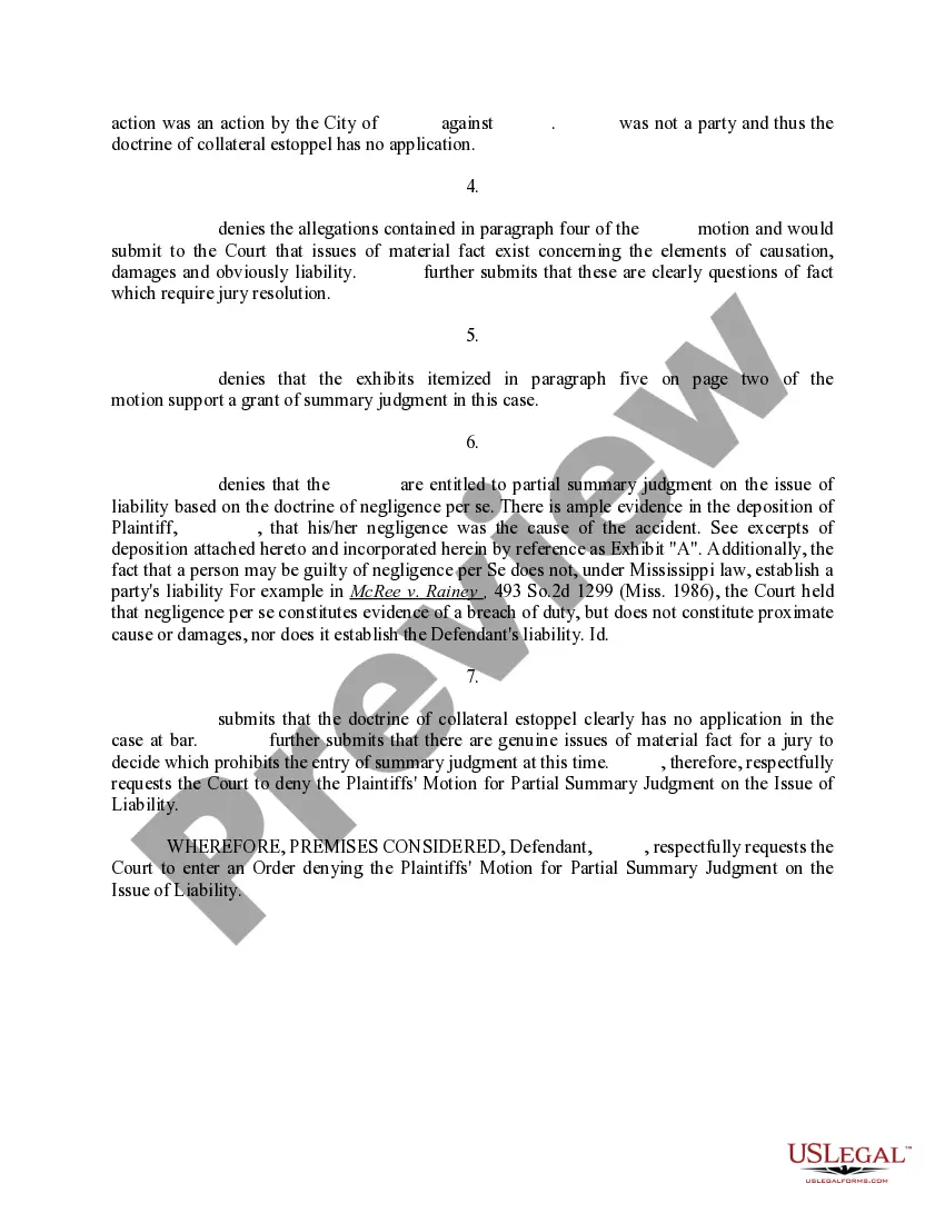 Preview Defendant's Response to Plaintiff's Motion for Summary Judgment on the Issue of Liability