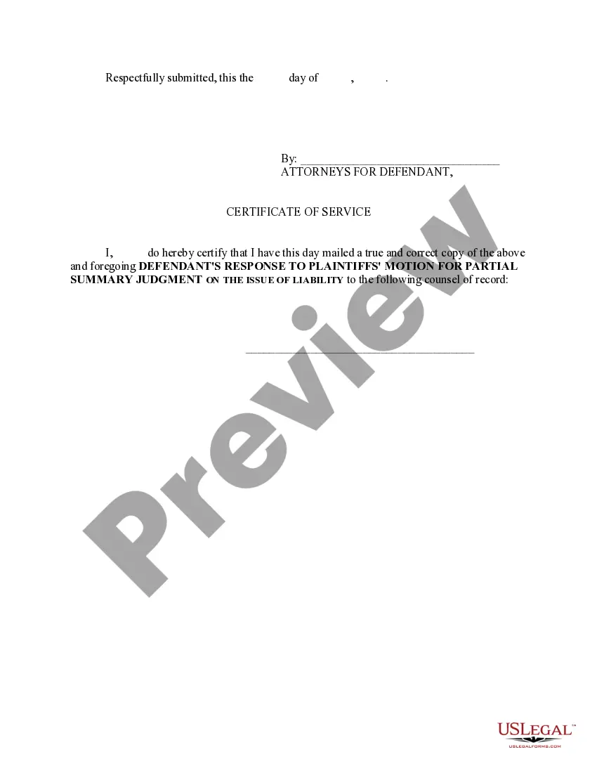 Preview Defendant's Response to Plaintiff's Motion for Summary Judgment on the Issue of Liability