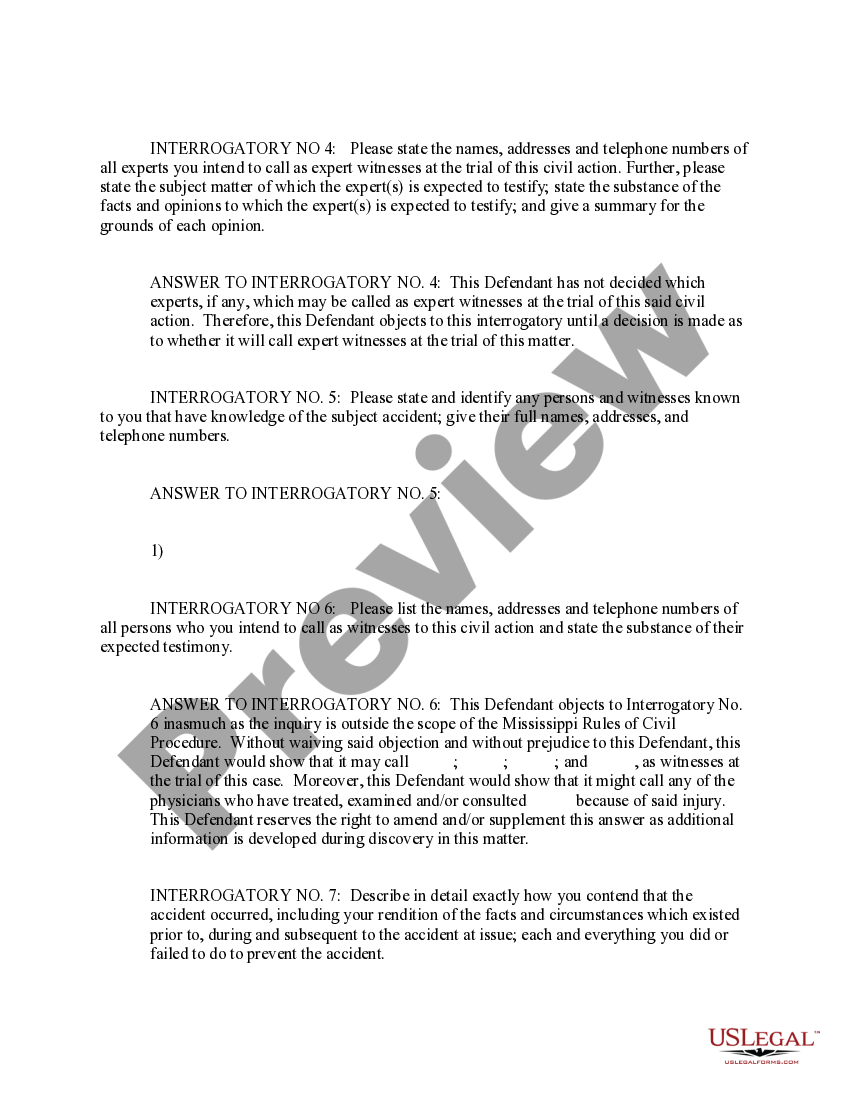 Mississippi Response to Interrogatories by Defendant | US Legal Forms