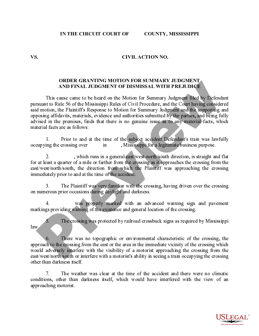 Mississippi Order Granting Motion for Summary Judgment US Legal Forms