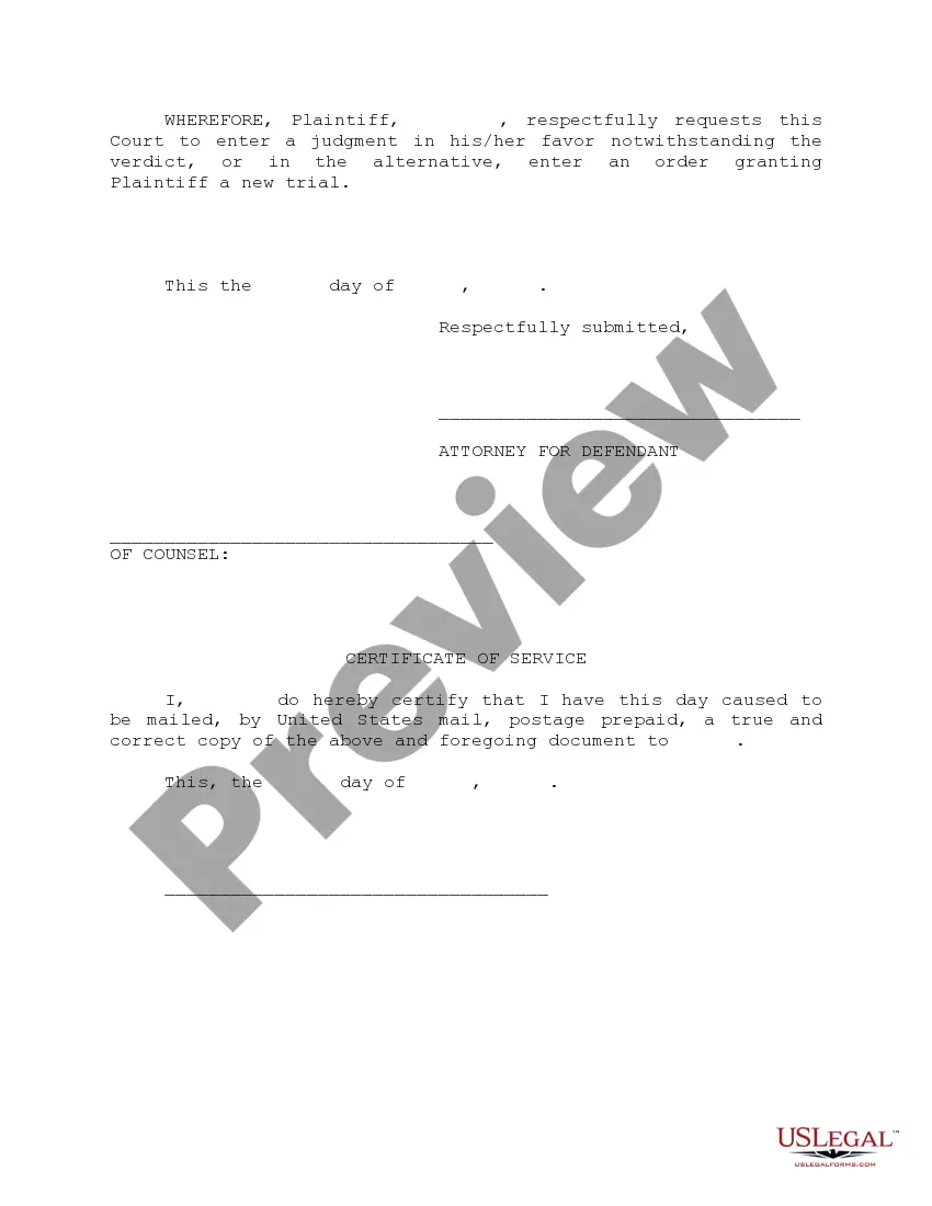 Preview Motion for Judgment Notwithstanding the Verdict, or in the Alternative, for a New Trial