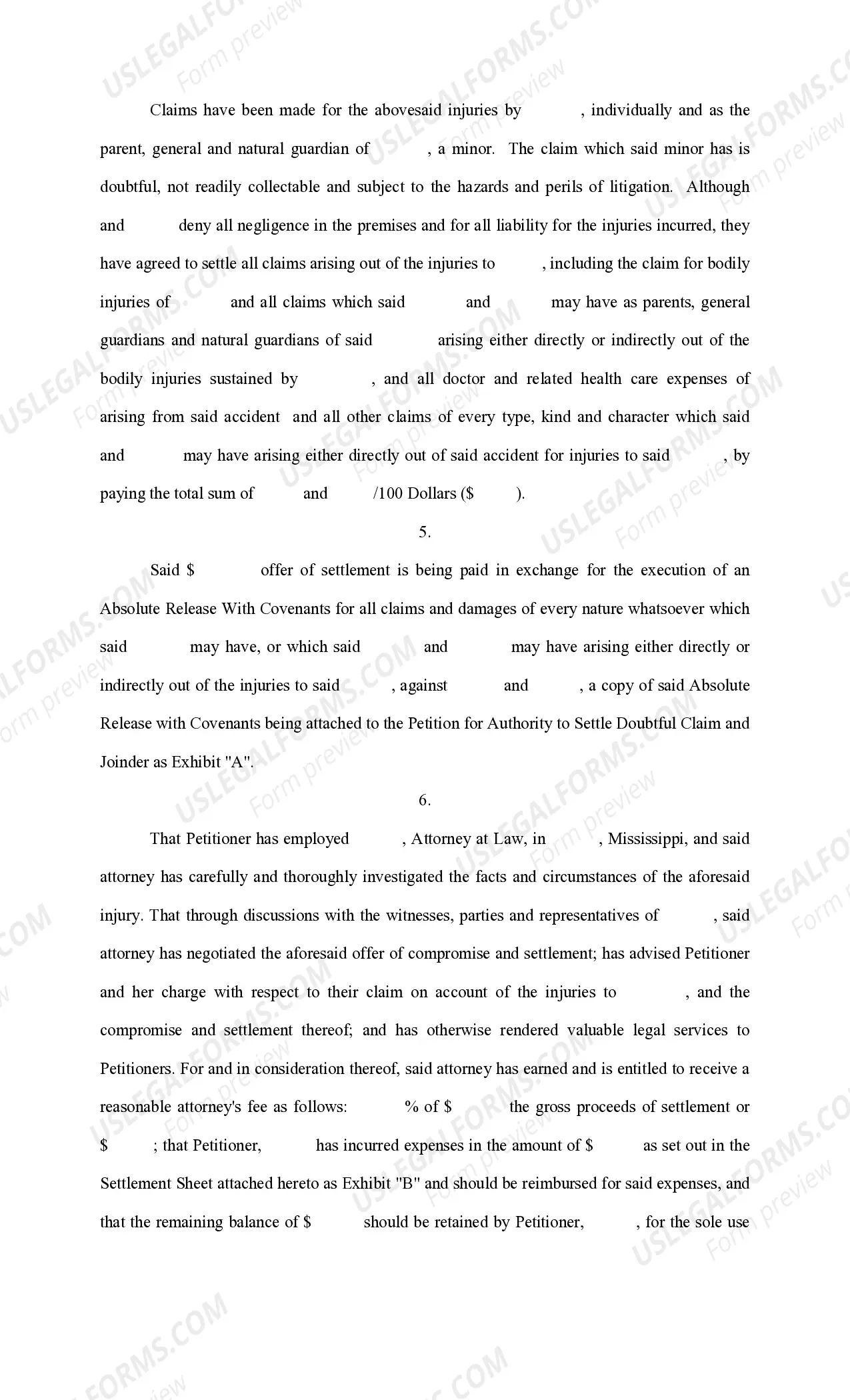 Preview Petition for Authority to Settle Doubtful Claim, With Joinder - Apartment Complex Injury