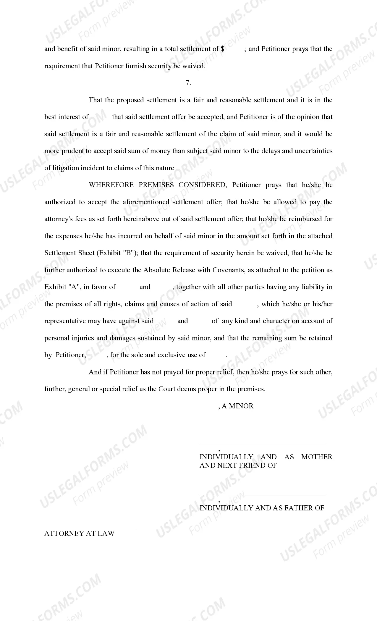 Preview Petition for Authority to Settle Doubtful Claim, With Joinder - Apartment Complex Injury