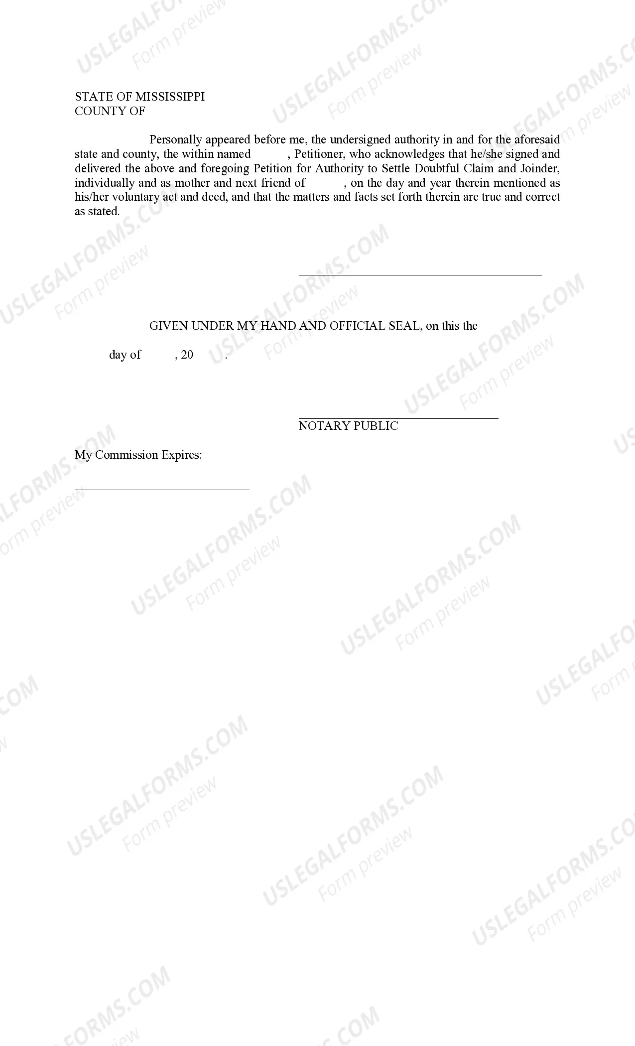 Preview Petition for Authority to Settle Doubtful Claim, With Joinder - Apartment Complex Injury