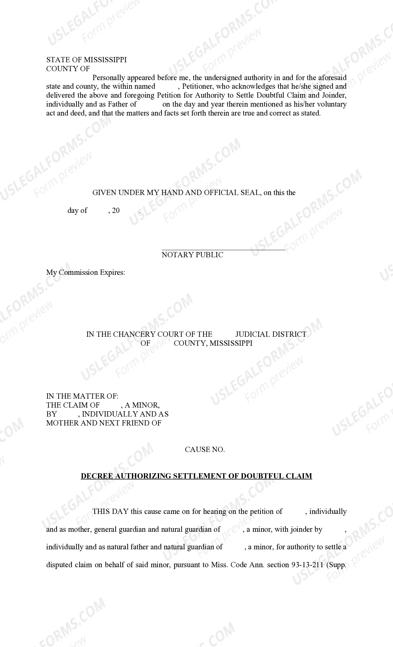 Preview Petition for Authority to Settle Doubtful Claim, With Joinder - Apartment Complex Injury