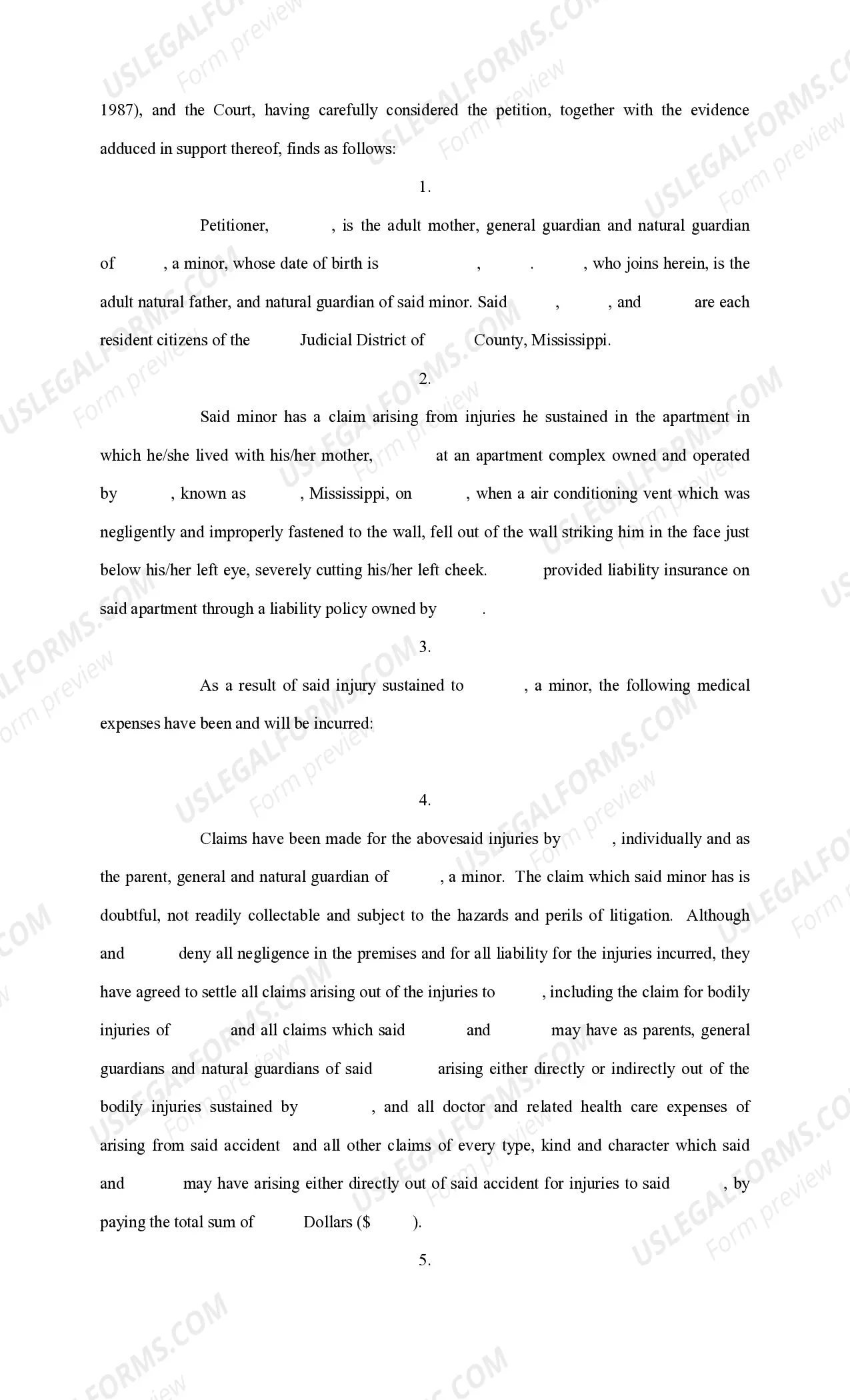 Preview Petition for Authority to Settle Doubtful Claim, With Joinder - Apartment Complex Injury