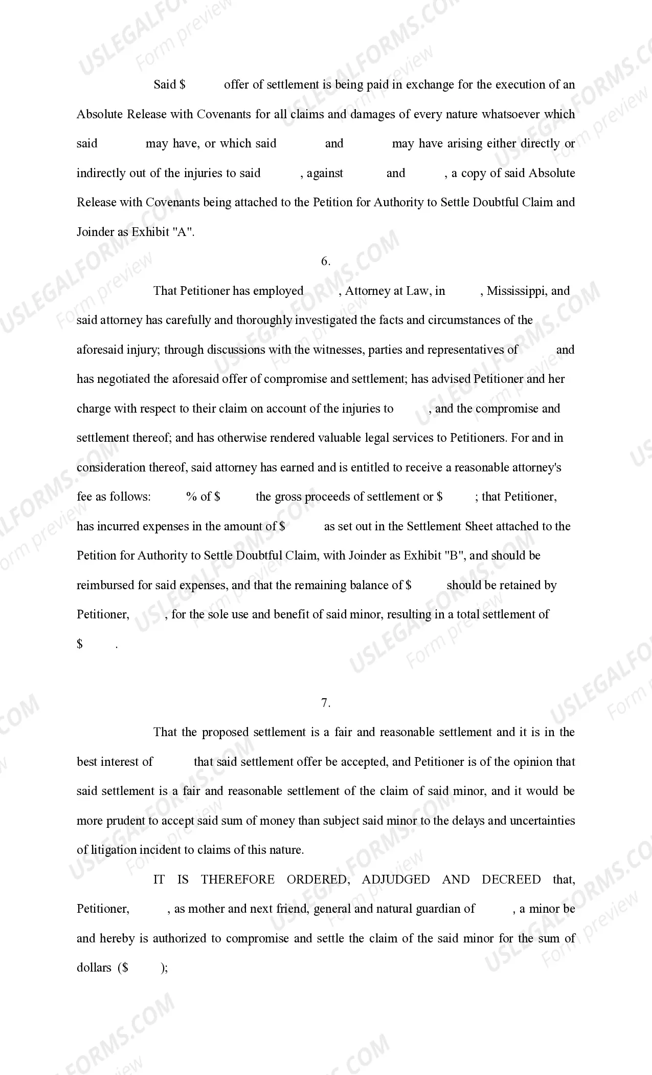 Preview Petition for Authority to Settle Doubtful Claim, With Joinder - Apartment Complex Injury